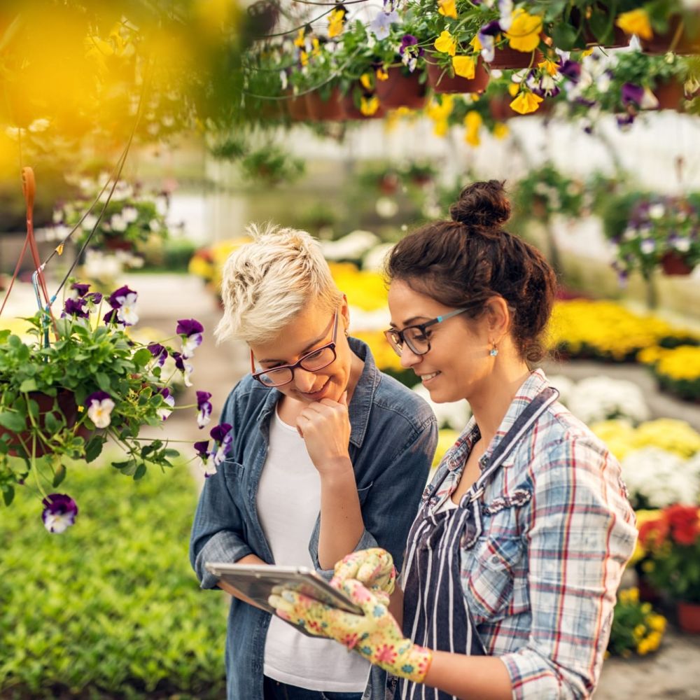 women in greenhouse planning over tablet